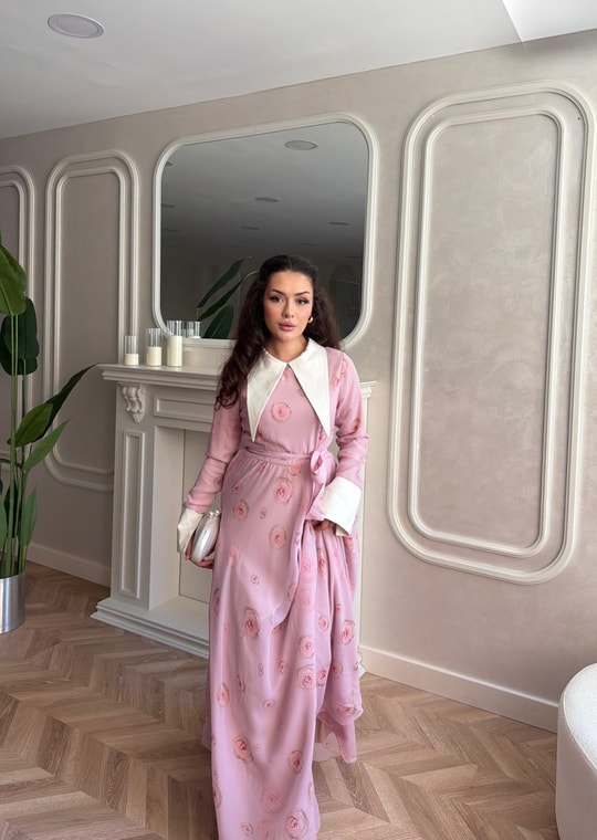 HR-1197H&R ButikKyl - Gül Desenli Şifon Elbise Pembe