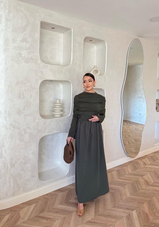 elbs-1614H&R ButikMelda Yaka Detaylı Elbise Haki