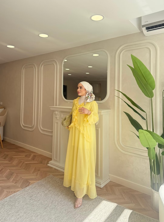 elbs-1667H&R ButikMelisa Ön Fırfırlı Şifon Elbise Sarı