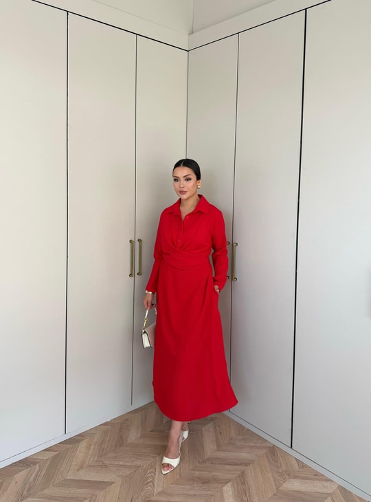 HR-2717H&R ButikMıs- Alara Çapraz Bağlamalı Elbise Kırmızı