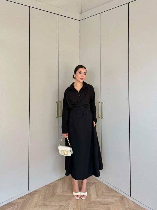 HR-2717H&R ButikMıs- Alara Çapraz Bağlamalı Elbise Siyah
