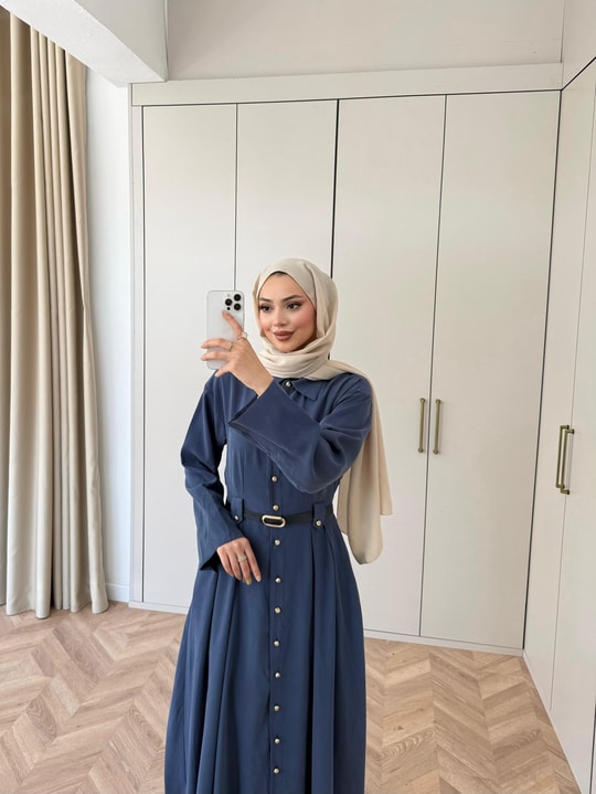 HR-0854H&R ButikMoi- Seli Bel Detaylı Elbise Lacivert