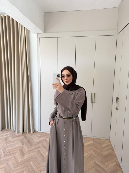 HR-0856H&R ButikMoi- Seli Bel Detaylı Elbise Vizon
