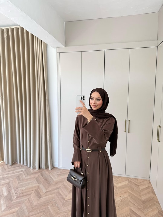 HR-0858H&R ButikMoi- Seli Bel Detaylı Elbise Kahverengi