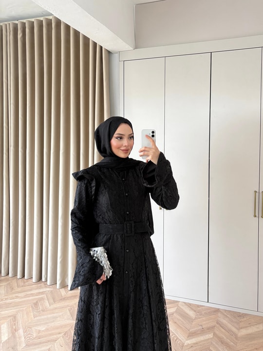 HR-0217H&R ButikNG-Epli Dantel Elbise Siyah