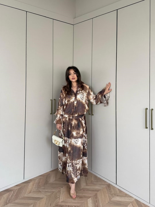 HR-0455H&R ButikPol-Elas Desenli Şifon Elbise Kahve