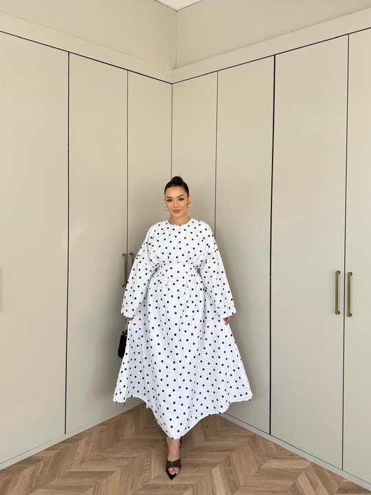 HR-0332H&R ButikPol-Eşila Puantiyeli Elbise Beyaz