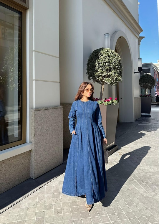 elbs-1539H&R ButikQal Çizgi Detaylı Kot Elbise Koyu Mavi
