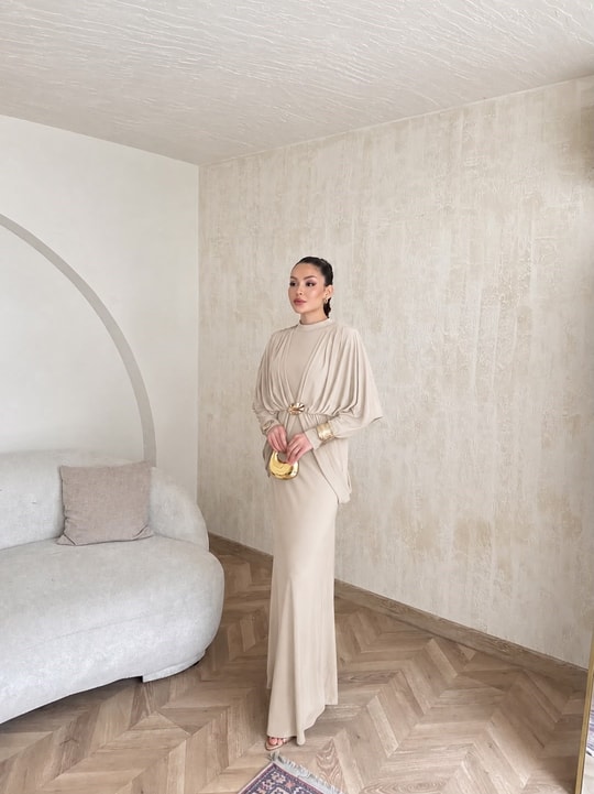 HR-1423H&R ButikQaş-  Aural Sandy Elbise Taş-Bej