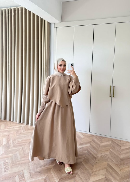 HR-1017H&R ButikQu - Dens Üst Detaylı Elbise Bej