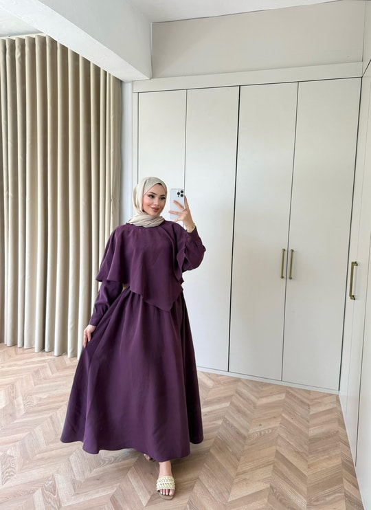 HR-1017H&R ButikQu - Dens Üst Detaylı Elbise Mürdüm