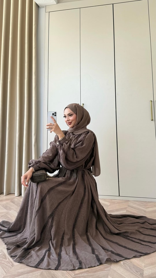 HR-1390H&R ButikQu- Detayları Püsküllü Elbise Kahve