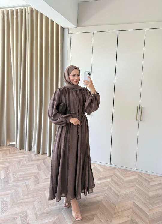 HR-1390H&R ButikQu- Detayları Püsküllü Elbise Kahve