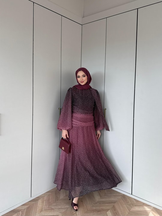 ELB-135H&R ButikQu-Lina Ponponlu Şifon Elbise Bordo