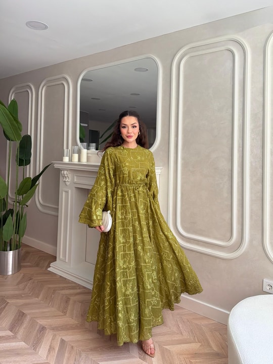 HR-1175H&R ButikQu- Yeni Desen Selen Elbise Haki