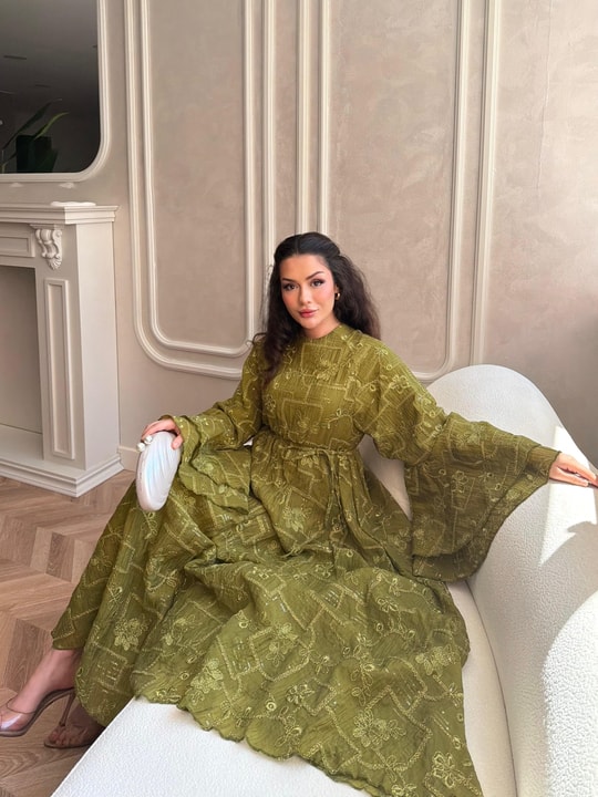 HR-1175H&R ButikQu- Yeni Desen Selen Elbise Haki