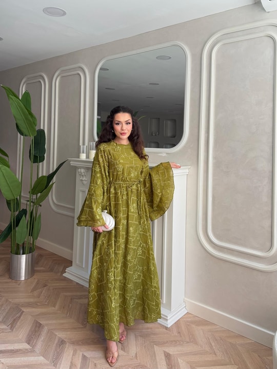 HR-1175H&R ButikQu- Yeni Desen Selen Elbise Haki