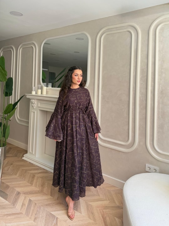 HR-1175H&R ButikQu- Yeni Desen Selen Elbise Kahve