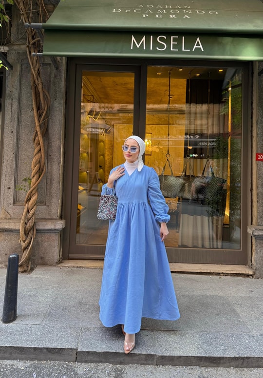 elbs-1634H&R ButikŞobiyet Müslin Keten Elbise Mavi