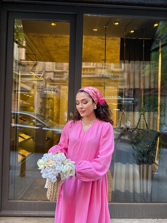 elbs-1634H&R ButikŞobiyet Müslin Keten Elbise Pembe