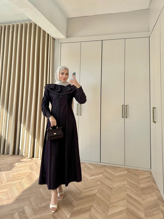 ELB-205H&R ButikTB-Carmen Yakası Detaylı Kot Elbise Lacivert