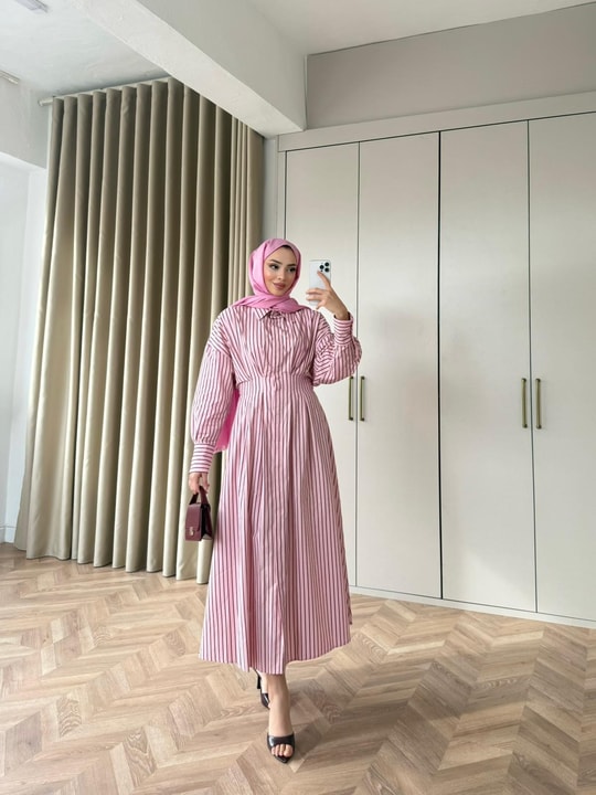 ELB-187H&R ButikTB-Çisem Çizgi Detay Elbise Pembe