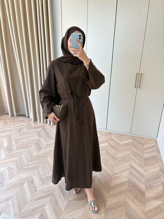 HR-1494H&R ButikTB - Gişa Keten Elbise Acı Kahve