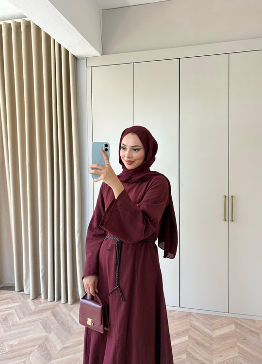 HR-1494H&R ButikTB - Gişa Keten Elbise Bordo