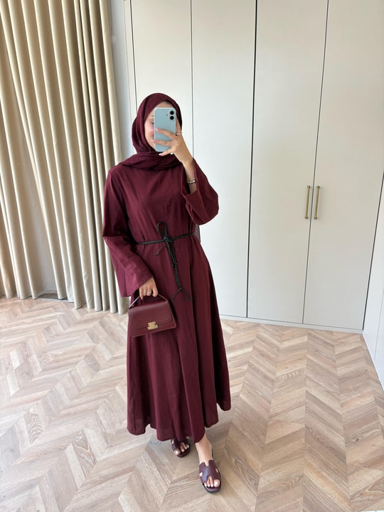 HR-1494H&R ButikTB - Gişa Keten Elbise Bordo