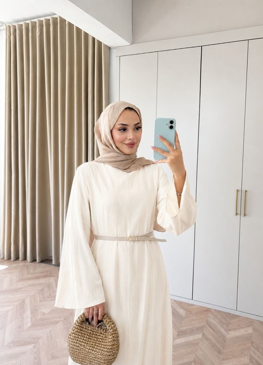 HR-1496H&R ButikTB - Gişa Keten Elbise Ekru