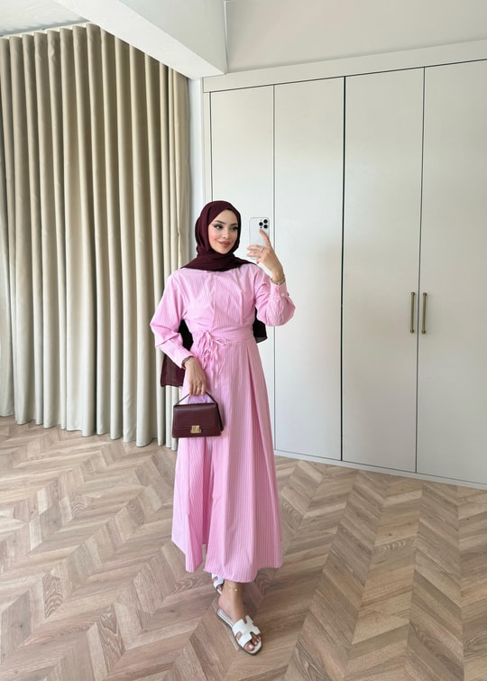 HR-1030H&R ButikTB - Lena İnce Çizgili Elbise Pembe