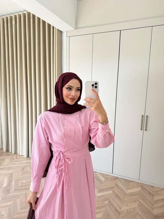 HR-1030H&R ButikTB - Lena İnce Çizgili Elbise Pembe