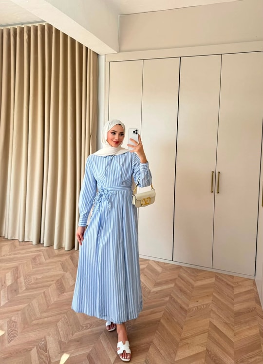HR-1032H&R ButikTB - Lena Kalın Çizgili Elbise Mavi