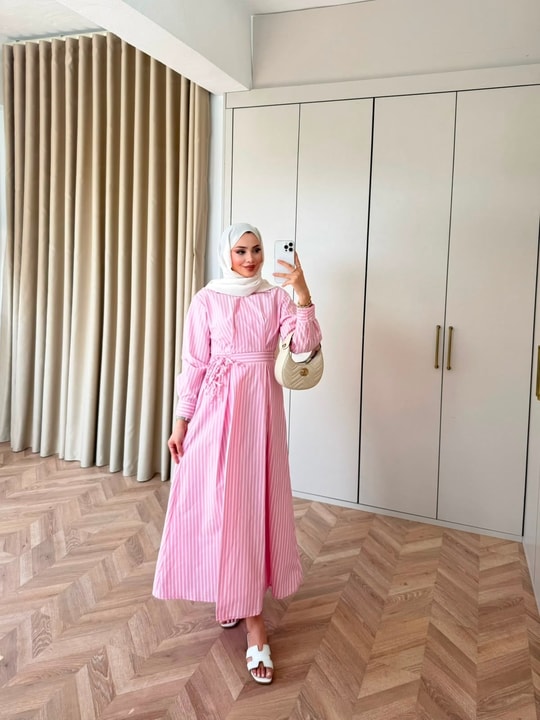 HR-1032H&R ButikTB - Lena Kalın Çizgili Elbise Pembe