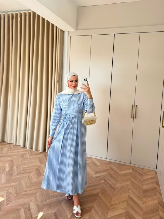 HR-1032H&R ButikTB - Lena Kalın Çizgili Elbise Mavi