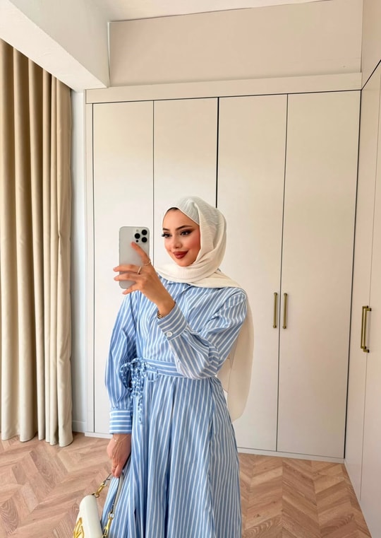HR-1032H&R ButikTB - Lena Kalın Çizgili Elbise Mavi