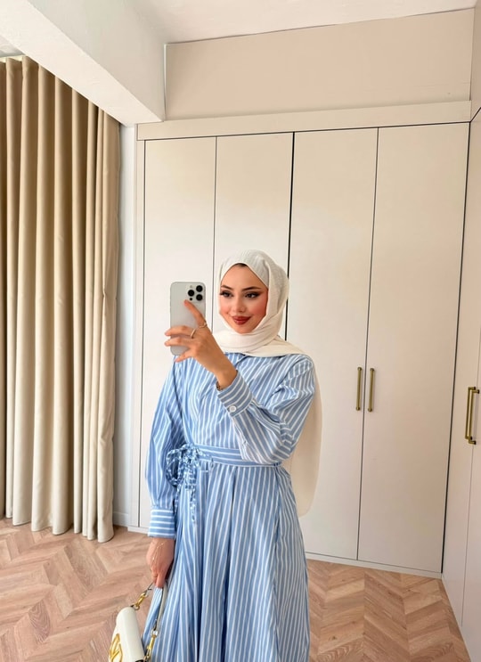 HR-1032H&R ButikTB - Lena Kalın Çizgili Elbise Mavi