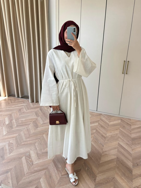 HR-1497H&R ButikTb- Öla V Ön Keten Elbise Beyaz