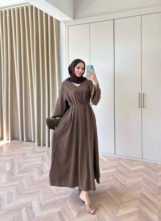 HR-1499H&R ButikTb- Öla V Ön Keten Elbise Kahve