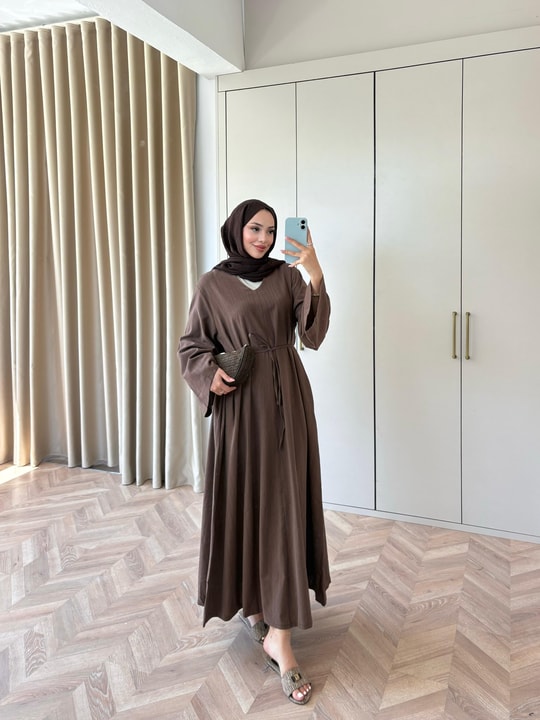 HR-1499H&R ButikTb- Öla V Ön Keten Elbise Kahve