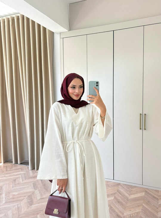 HR-1497H&R ButikTb- Öla V Ön Keten Elbise Beyaz