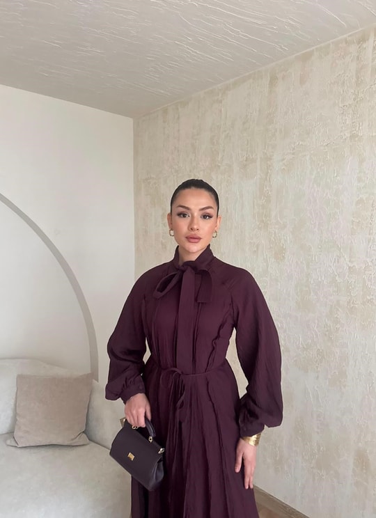 HR-0789H&R ButikTB - Wola Çizgi Detaylı Elbise Mürdüm