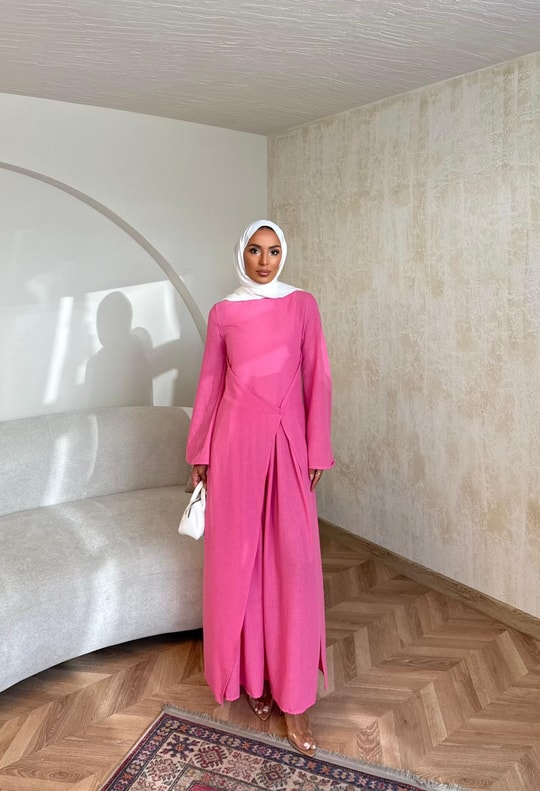 ELB-073H&R ButikYusra Keten Elbise Pembe