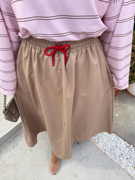 HR-3010H&R ButikNG- Dani Bağcıklı Gabardin Etek Bej