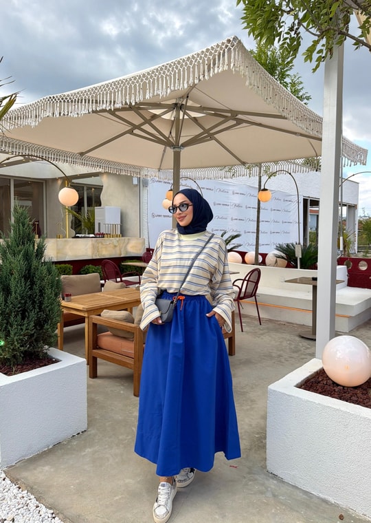 HR-3010H&R ButikNG- Dani Bağcıklı Gabardin Etek Saks Mavi