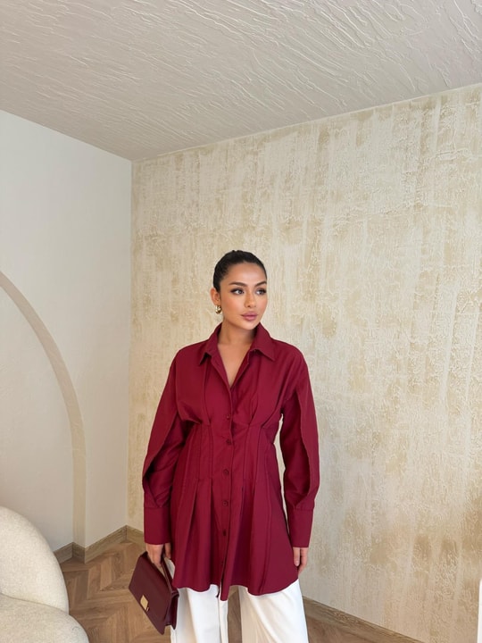 GMLK-440H&R ButikBeli Pileli Gömlek Bordo