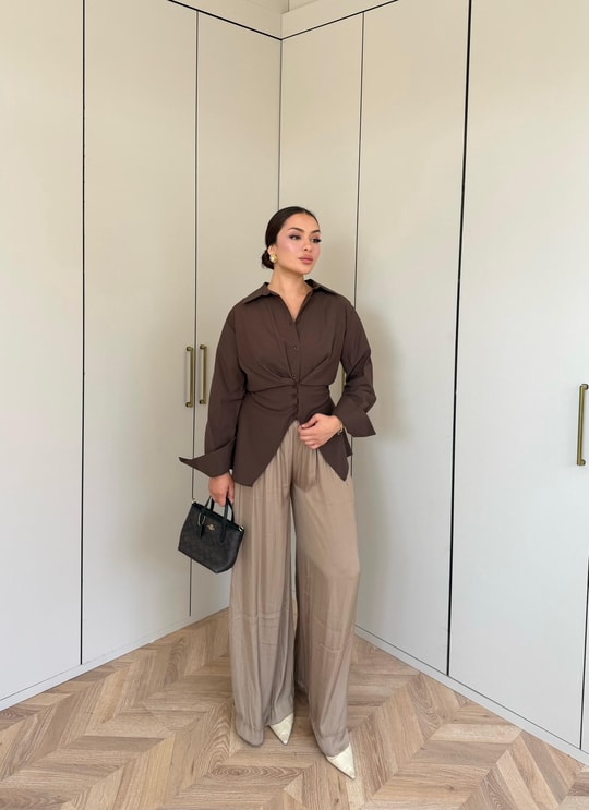 HR-1481H&R ButikDuq- Gişa Ön Düğmeli Gömlek Acı Kahve