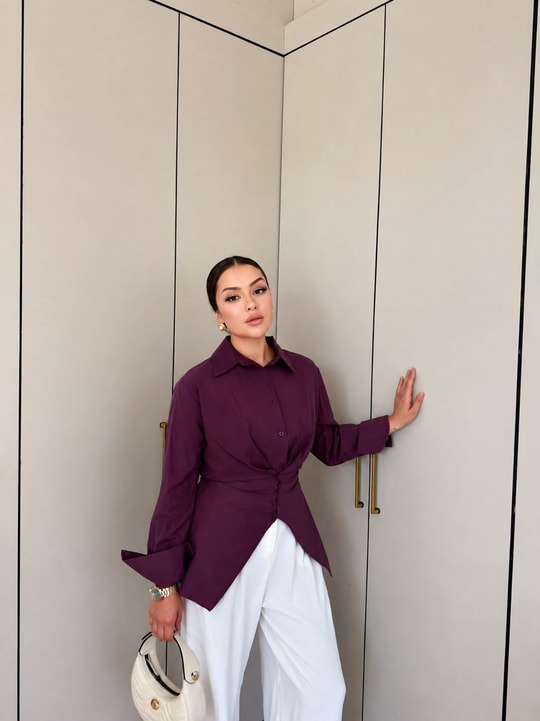 HR-1481H&R ButikDuq- Gişa Ön Düğmeli Gömlek Mürdüm