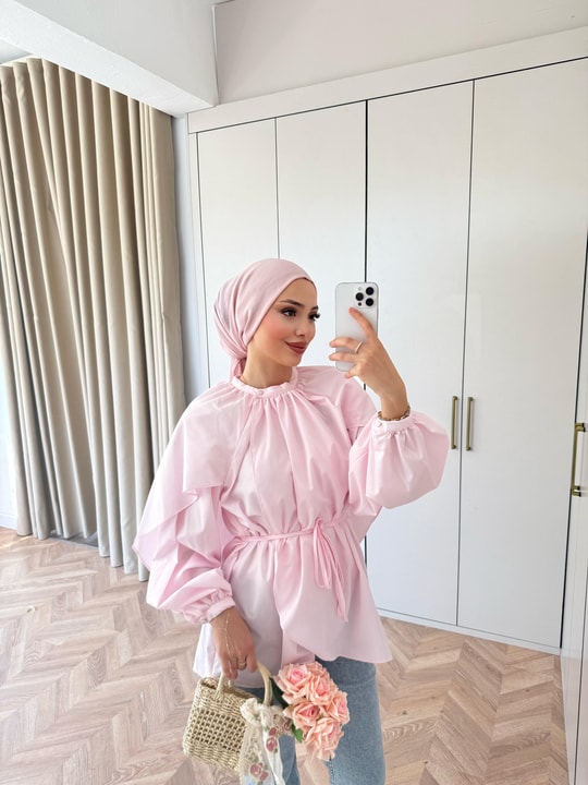 HR-0979H&R ButikHen- Feşi Omuz Detaylı Gömlek Pembe