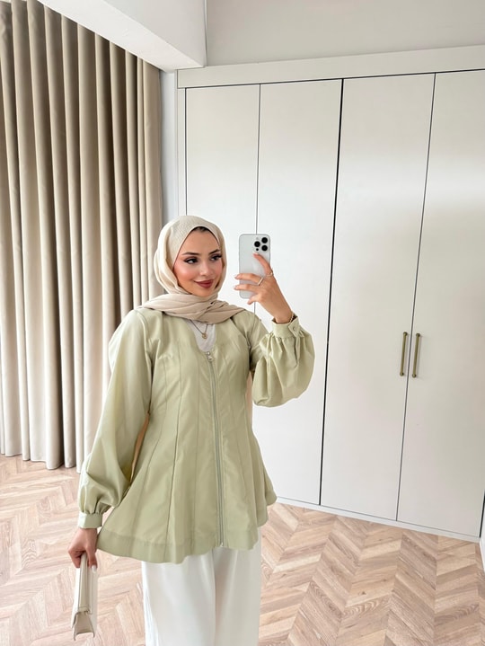 HR-1296H&R ButikHen- Önü Komple Fermuarlı Gömlek Yeşil